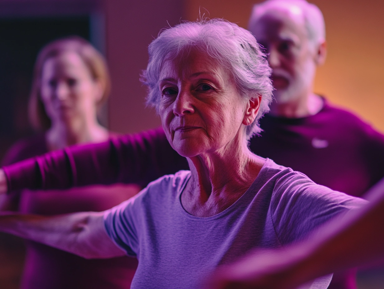 Група пенсіонерів під час групового заняття з фізичної підготовки