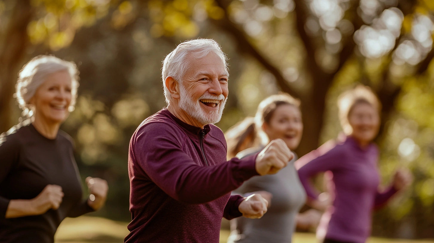 Щасливі активні пенсіонери займаються спортом на свіжому повітрі